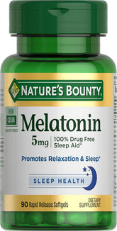 Nature's Bounty Melatonin, 100% Drug Free Sleep Aid, Dietary Supplement, Promotes Relaxation and Sleep Health, 5mg, 90 Softgels (Pack of 1)