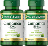Nature's Bounty Cinnamon Capsules, Herbal Supplement, Supports Sugar Metabolism, 1500mg, 100 Capsules (Pack of 2)