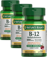 Nature's Bounty Vitamin B-12 Quick Dissolve Tablets, 1000mcg, Aids in The Conversion of Food into Cellular Energy, Cherry Flavor, 60ct (Pack of 3)