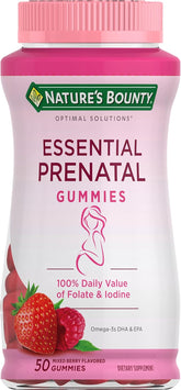 Nature's Bounty Optimal Solutions Essential Prenatal Gummies, Folic Acid and Iodine, Omega 3 and DHA, 50 Count, 25 Total Servings