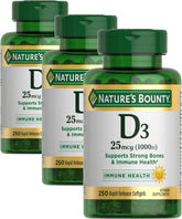 Nature's Bounty Vitamin D3 1000 IU, Immune Support, Helps Maintain Healthy Bones, 250 Rapid Release Softgels (Pack of 3)