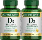 Nature's Bounty Vitamin D3 1000 IU, Immune Support, Helps Maintain Healthy Bones, 250 Rapid Release Softgels (Pack of 2)