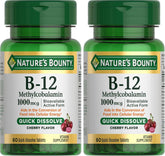 Nature's Bounty Vitamin B-12 Quick Dissolve Tablets,1000mcg,Aids in the Conversion of Food into Cellular Energy,Cherry Flavor,60ct,(Pack of 2)