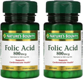 Nature's Bounty Folic Acid 800 mcg Vitamin Supplement Maximum Strength - 250 Tablets, Pack of 2