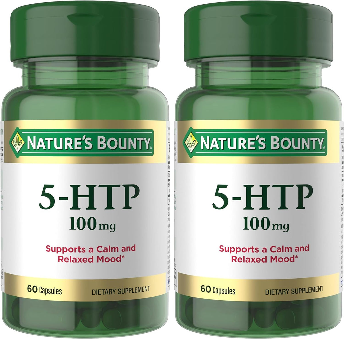 Nature's Bounty 5-HTP Pills and Dietary Supplement, Supports a Calm and Relaxed Mood, 100mg, 60 Capsules (Pack of 2)
