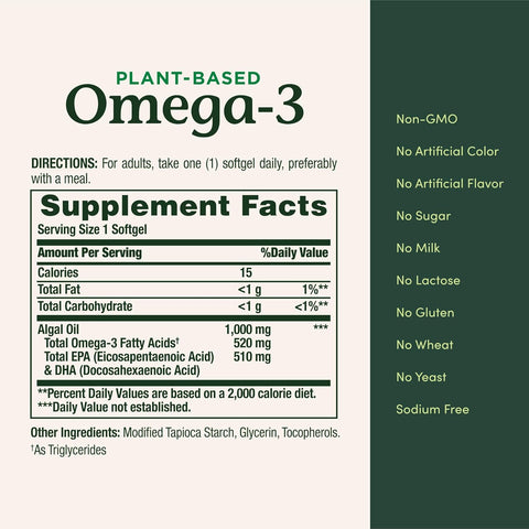 Nature's Bounty Omega 3, Plant-Based Omega 3 Fatty Acid Supplement, 520mg, Supports Whole Body Health Including Heart, Skin, Joint, 30 Vegetarian Softgels, Fish Oil Alternative (Pack of 2)