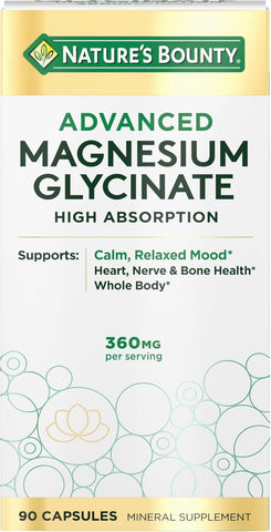 Nature's Bounty Calm Magnesium Glycinate Supplement - High Absorption Magnesium for Relaxed Mood, Heart & Bone Health, 90 Capsules