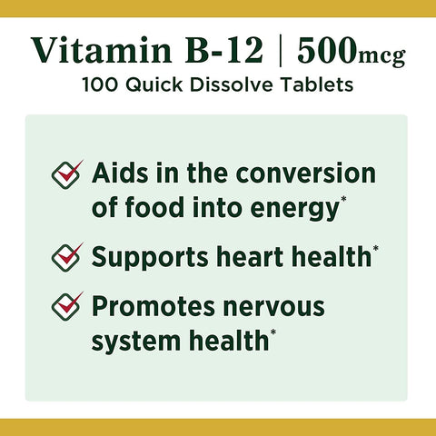 Nature's Bounty Vitamin B12, Supports Energy Metabolism and Nervous System Health, 500mcg, Tablets, 100 Ct (Pack of 2)