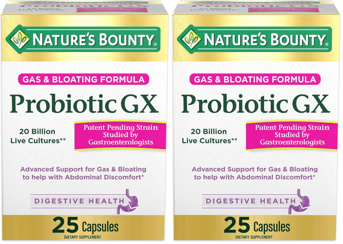 Nature's Bounty Probiotic, for Occasional Gas and Bloating Dietary Formula, Dietary Supplement, Helps with Abdominal Discomfort, Promotes Digestive Health, 25 Capsules (Pack of 2)