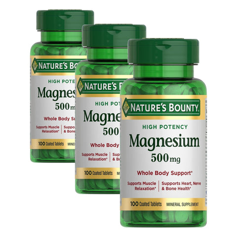 Nature's Bounty Magnesium, Mineral Supplement, Supports Bone and Muscle Health, 500 mg, Coated Tablets, 100 Count (Pack of 3)