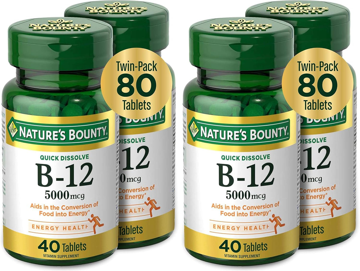 Nature's Bounty Vitamin B12, Quick Dissolve Vitamin Supplement, Supports Energy Metabolism and Nervous System Health, 5000mcg, 40 Tablets (Pack of 4)