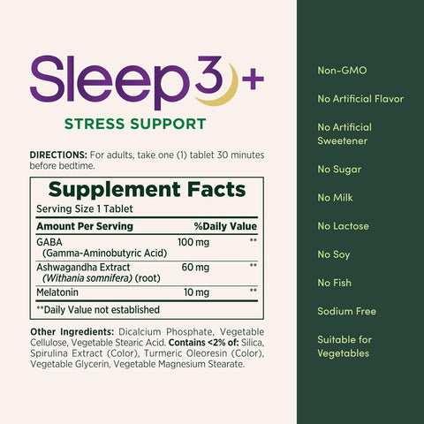 Nature's Bounty Sleep + Stress Support, Sleep3 Maximum Strength 100% Drug Free Sleep Aid, Dietary Supplement with Ashwagandha, Time Release Technology, 10mg, 28 Tri-Layered Tablets