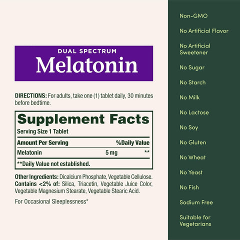 Nature’s Bounty Melatonin 5mg Dual Spectrum, 100% Drug Free Sleep Supplement, Quick Release and Extended Release, Promotes Relaxation and Sleep Health, 60 Bi-Layer Tablets