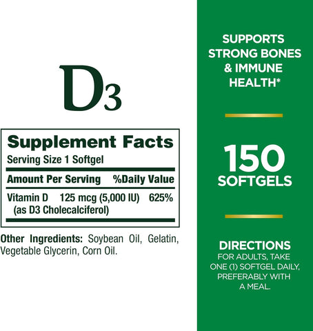 Nature's Bounty Vitamin D3 5000 IU Softgels, Rapid Release, Immune Support, Vitamin D Supplements, 150 Count (Pack of 2)