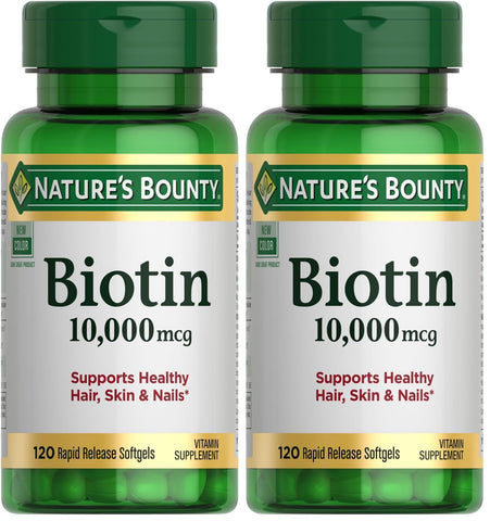 Nature's Bounty Biotin Hair Skin and Nails Vitamins, Supports Healthy Hair, Skin and Nails, 10,000 mcg, 120 Softgels (Pack of 2)