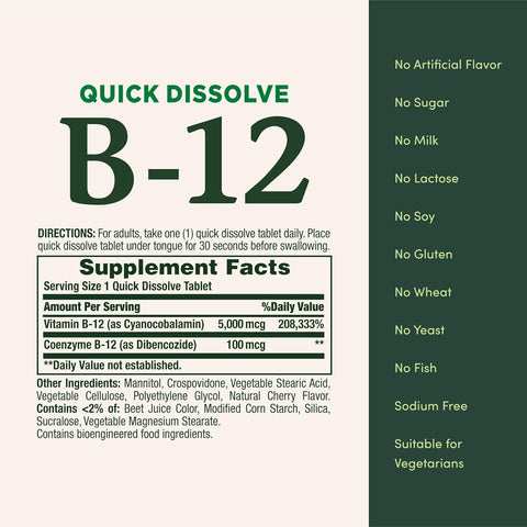 Nature's Bounty Vitamin B12, Quick Dissolve Vitamin Supplement, Supports Energy Metabolism and Nervous System Health, 5000mcg, 40 Tablets (Pack of 4)