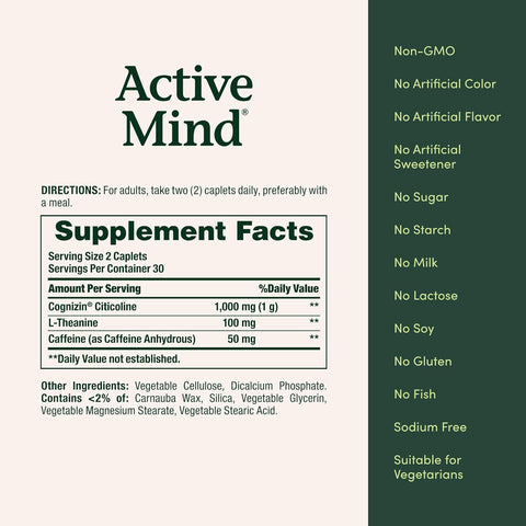Nature's Bounty Active Mind Dietary Supplement, Supports Focus and Attention, 1000 mg Cognizin with L-Theanine and Caffeine Pills, 60 Caplets