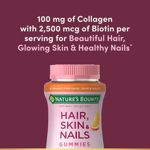 Nature's Bounty Hair, Skin & Nails with Biotin and Collagen, Citrus-Flavored Gummies Vitamin Supplement, Supports Hair, Skin, and Nail Health for Women, 2500 mcg, 80 Ct (2 Pack), 80 Total Servings