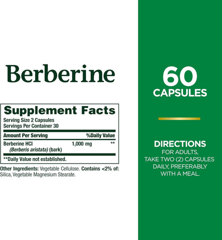 Nature's Bounty Berberine 1000mg Capsules,Supports Heart Health,Cholesterol & Blood Sugar Levels in a Normal Range,Non-GMO Supplement,60 Count (Pack of 2)