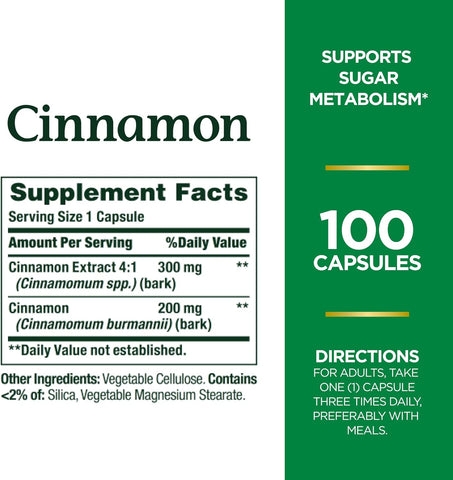 Nature's Bounty Cinnamon Capsules, Herbal Supplement, Supports Sugar Metabolism, 1500mg, 100 Capsules (Pack of 2)