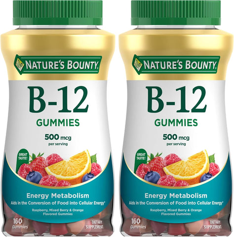 Nature's Bounty Vitamin B12 Gummies, Dietary Supplement, Supports Energy Metabolism and Nervous System Health, Mixed Berry Flavor, 500mcg, 160 Count (Pack of 2)