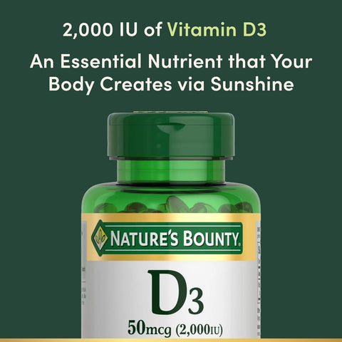 Nature's Bounty Vitamin D3 2000 IU | Supports Immune Health, Calcium Absorption & Bone Strength | Essential for Healthy Bones | Non-GMO, No-Gluten | 350 Softgels, 1 Serving Per Day for Daily Health