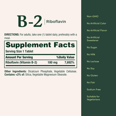 Nature's Bounty Vitamin B, B-2 Vitamin 100mg as Riboflavin Supplement, Aids Energy Metabolism, 100 Vegetarian Coated Tablets, 100 Day Supply