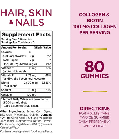 Nature's Bounty Hair, Skin & Nails with Biotin and Collagen, Citrus-Flavored Gummies Vitamin Supplement, Supports Hair, Skin, and Nail Health for Women, 2500 mcg, 80 Ct (2 Pack), 80 Total Servings