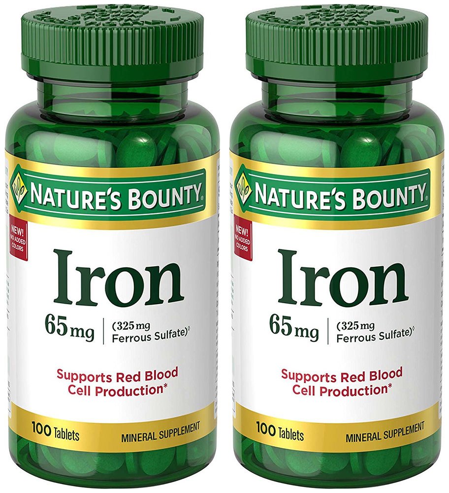 Nature's Bounty Iron 65 mg (325 mg Ferrous Sulfate), 2 Bottles (100 Count)