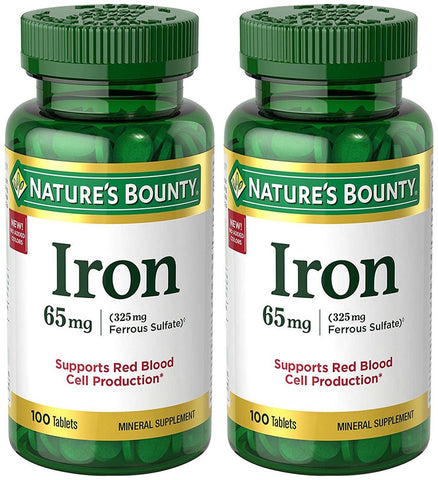 Nature's Bounty Iron 65 mg (325 mg Ferrous Sulfate), 2 Bottles (100 Count)
