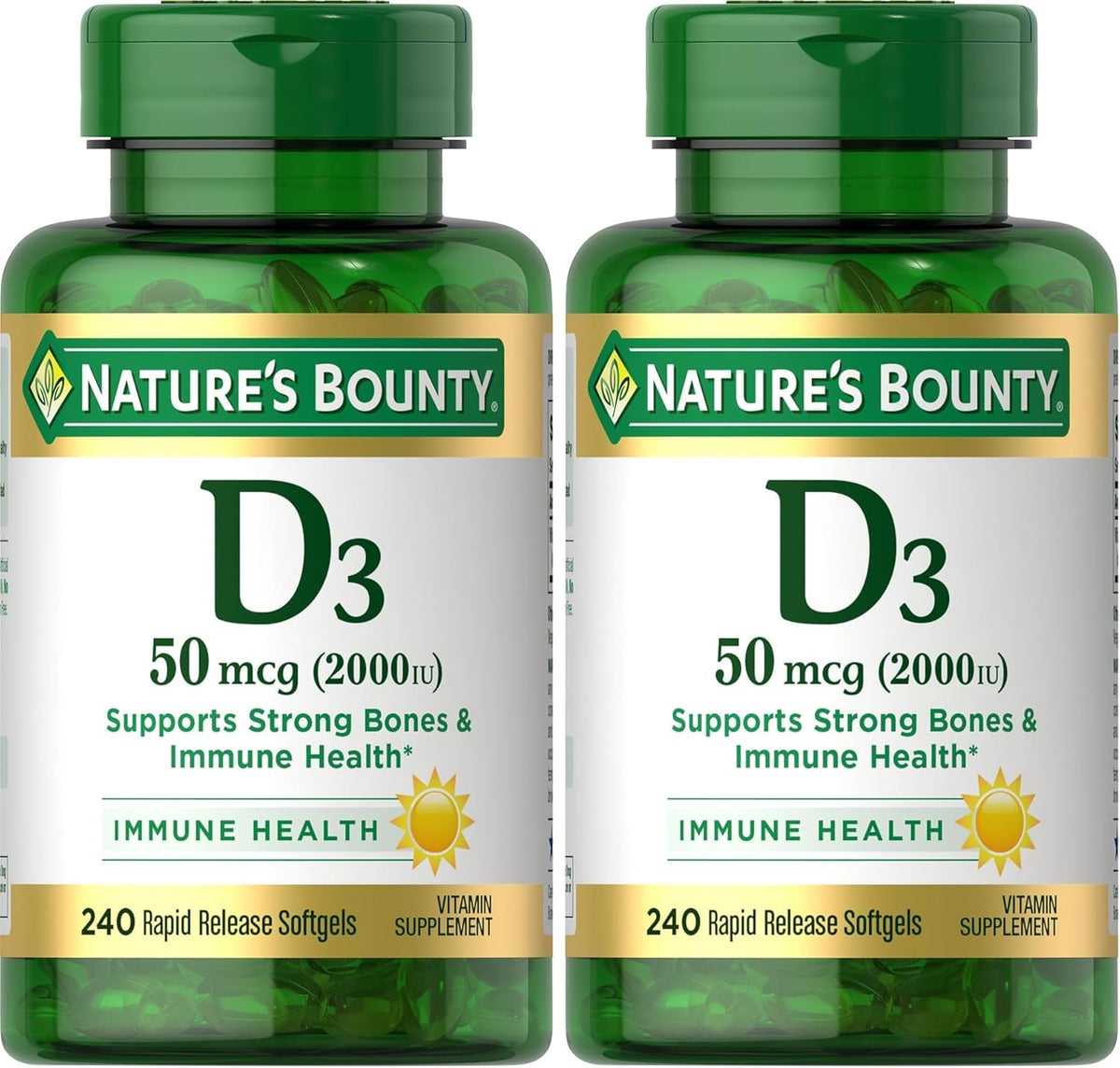 Nature's Bounty Vitamin D3 2000 IU, Immune and Bone Support, Vitamin Supplement, 1 Per Day, 240 Rapid Release Softgels (Pack of 2)