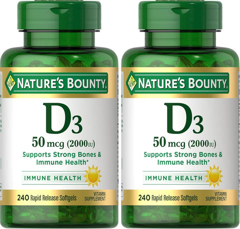 Nature's Bounty Vitamin D3 2000 IU, Immune and Bone Support, Vitamin Supplement, 1 Per Day, 240 Rapid Release Softgels (Pack of 2)