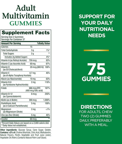 Nature's Bounty Adult Multivitamin Gummies, Vitamin Supplement, Daily Nutritional Needs, Orange, Cherry and Grape Flavor, 75 Gummies (Pack of 3)