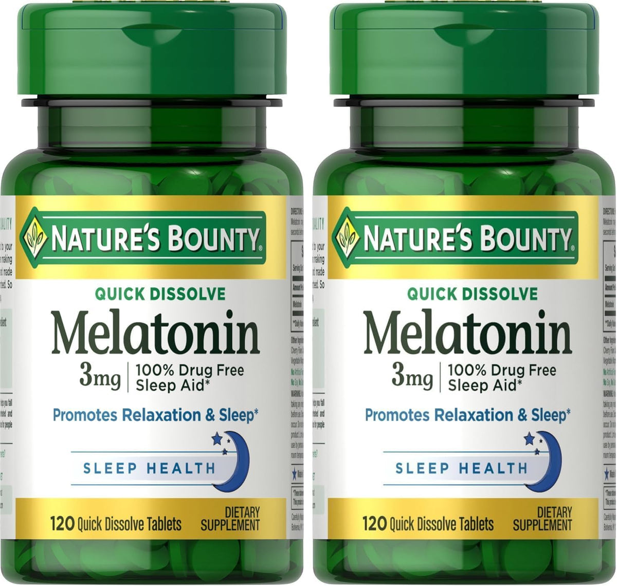 Nature's Bounty Melatonin, Promotes Relaxation & Sleep, 100% Drug Free Sleep Aid, 3 mg, 120 Quick Dissolve Tablets (Pack of 2)