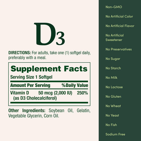 Nature's Bounty Vitamin D3 2000 IU, Immune and Bone Support, Vitamin Supplement, 1 Per day, 240 Rapid Release Softgels