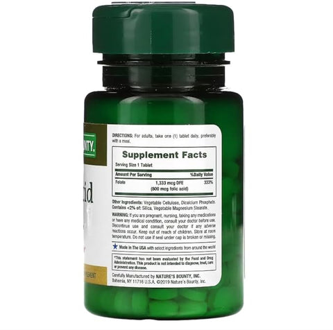 Nature's Bounty Folic Acid 800 mcg Vitamin Supplement Maximum Strength - 250 Tablets, Pack of 2