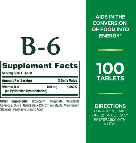 Nature's Bounty Vitamin B6 100mg Tablets - Supports Energy Metabolism & Nervous System Health, 100 Count (Pack of 3)