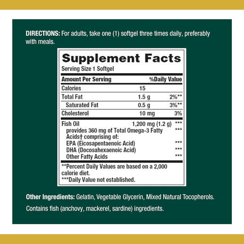 Nature’s Bounty Fish Oil, 1200mg, 360mg of Omega-3, 120 (3 Pack , 360 Total) Softgels 120 Softgels