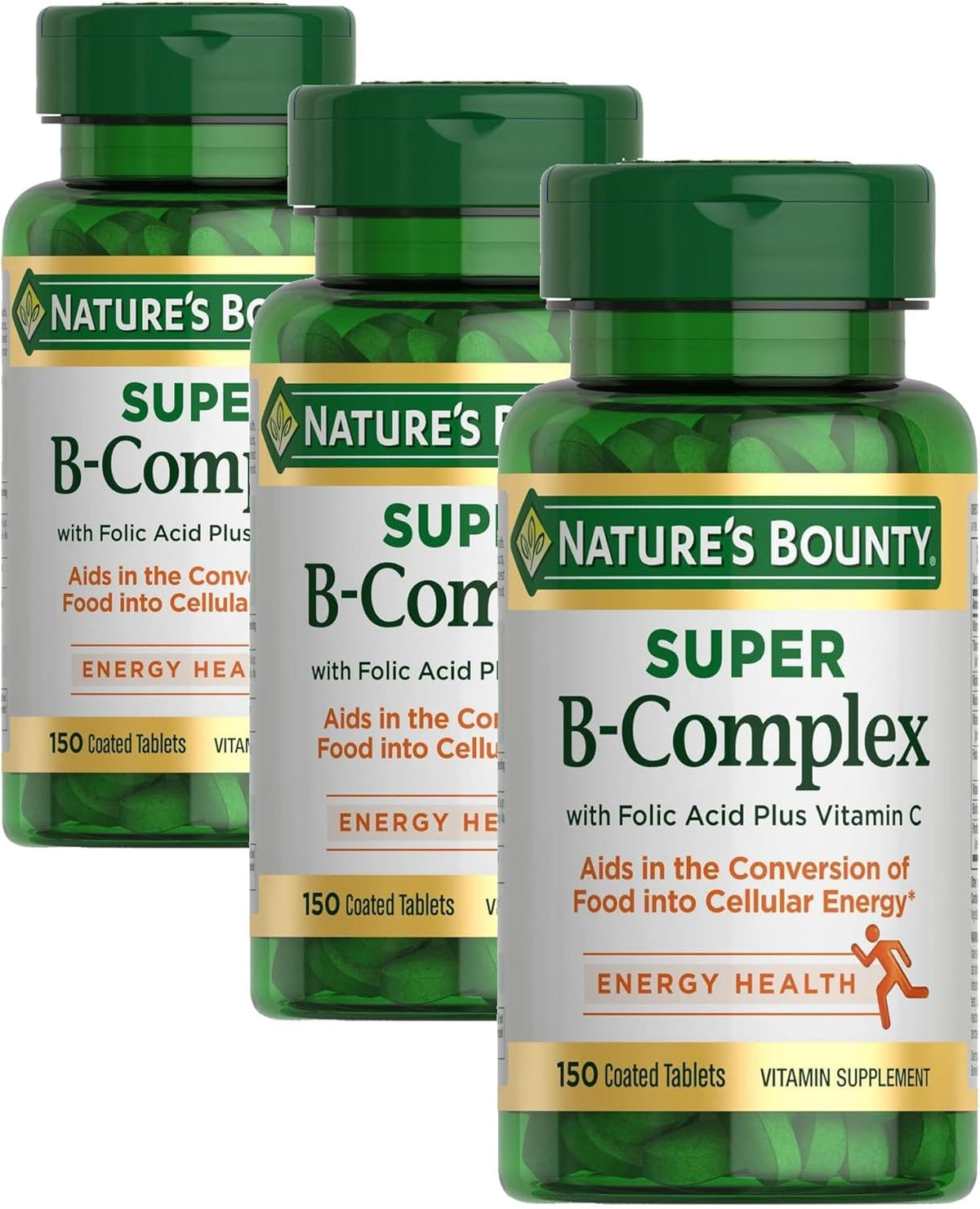 Nature's Bounty Super B Complex Vitamins with Vitamin C & Folic Acid,Vitamins for Immune & Cellular Energy Support,150 Tablets,(Pack of 3)