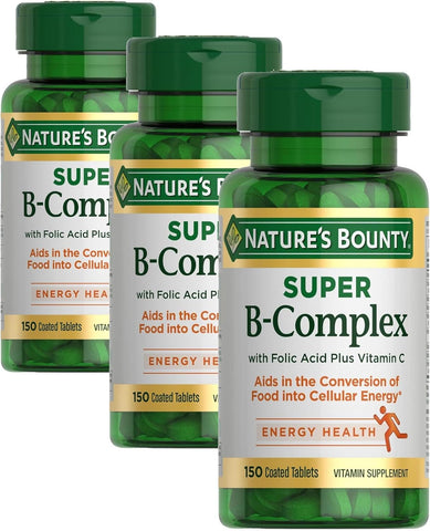 Nature's Bounty Super B Complex Vitamins with Vitamin C & Folic Acid,Vitamins for Immune & Cellular Energy Support,150 Tablets,(Pack of 3)