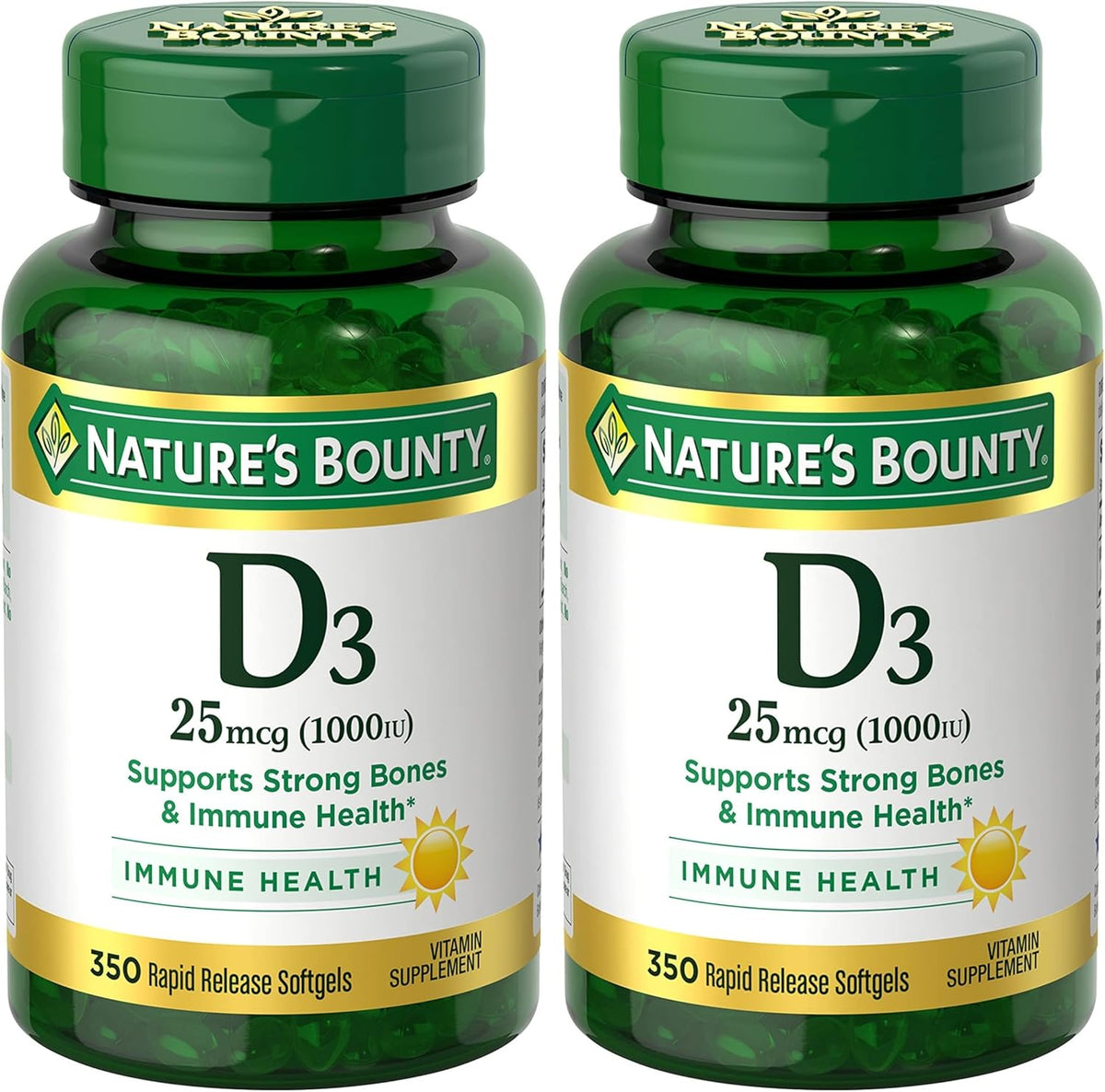 Nature's Bounty Vitamin D3 1000 IU Softgels,Immune Support,Promotes Healthy Bones,1 Softgel per Day,Gluten Free,350 Count (Pack of 2)