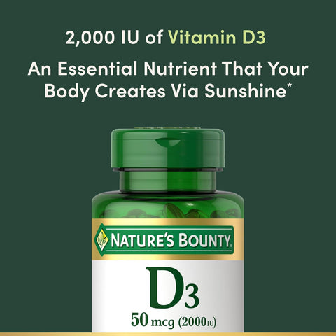Nature's Bounty Vitamin D3 2000 IU, Immune and Bone Support, Vitamin Supplement, 1 Per day, 240 Rapid Release Softgels