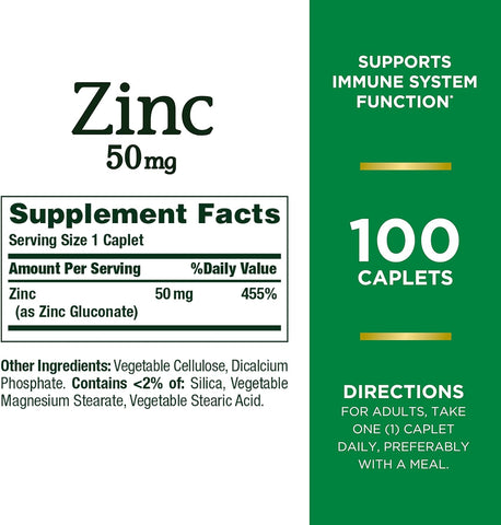 Nature’s Bounty Zinc 50mg,Immune System, Skin, & Antioxidant Health Support, Contributes to DNA Formation, Vegetarian, Non-GMO, Gluten Free, 100 Caplets, 1 Serving Per Day for Daily Health (Pack of 2)
