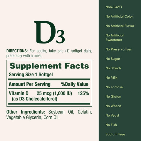 Nature’s Bounty Vitamin D3 1000 IU, Immune Support, Helps Maintain Healthy Bones, 250 Rapid Release Softgels
