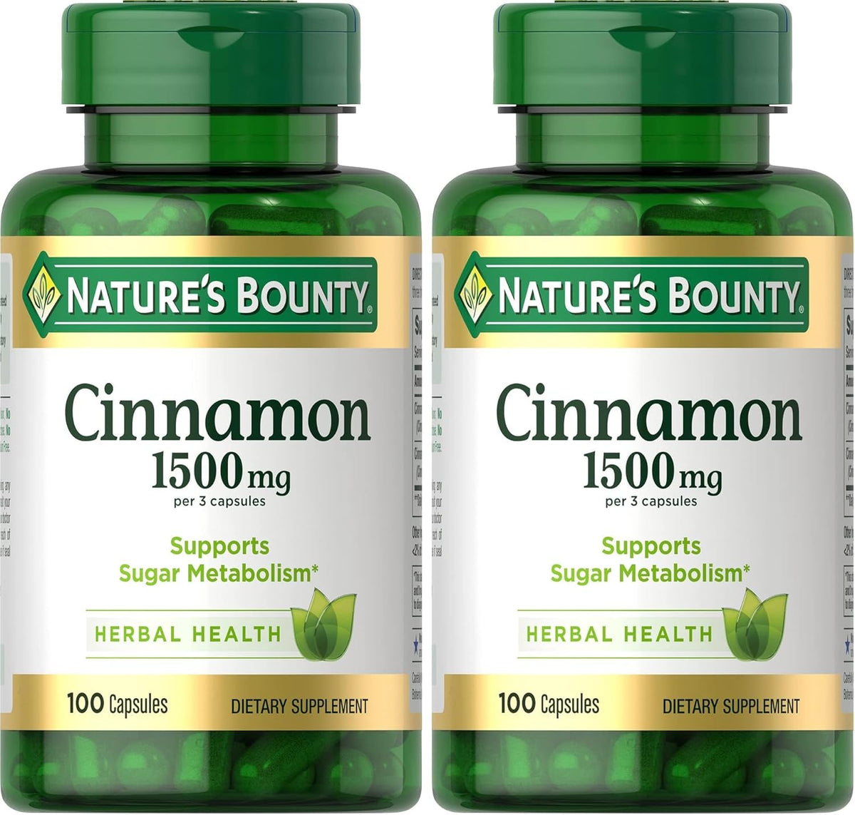 Nature's Bounty Cinnamon Capsules, Herbal Supplement, Supports Sugar Metabolism, 1500mg, 100 Capsules (Pack of 2)
