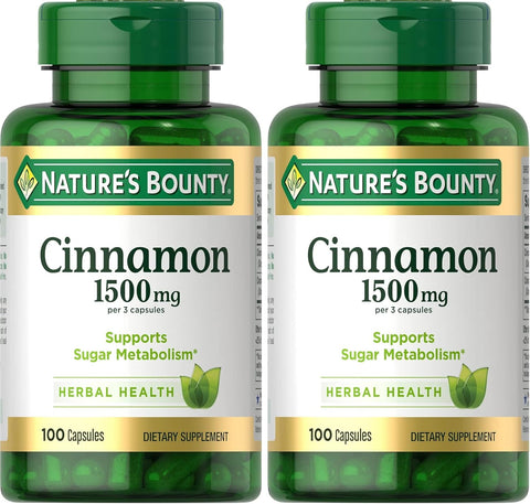 Nature's Bounty Cinnamon Capsules, Herbal Supplement, Supports Sugar Metabolism, 1500mg, 100 Capsules (Pack of 2)
