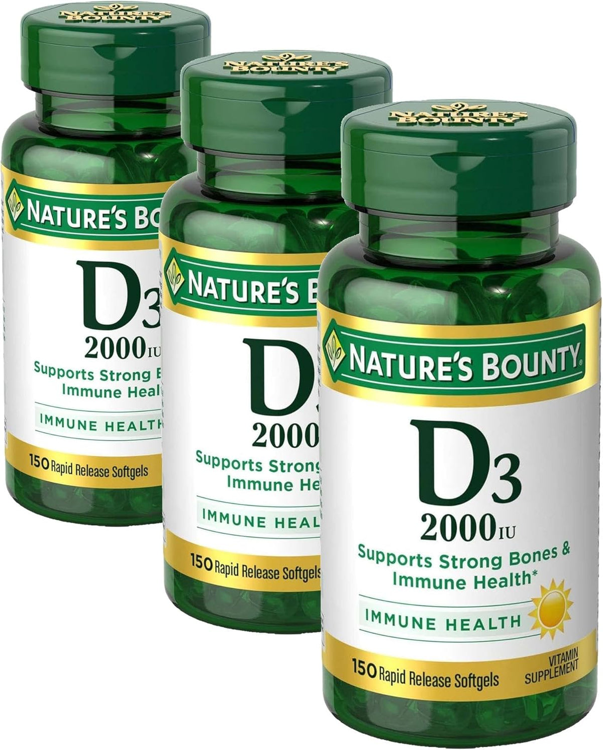 Nature's Bounty Vitamin D, Supports Immune Health & Bone Health, 2000IU Vitamin D3, 150 Softgels (Pack of 3)