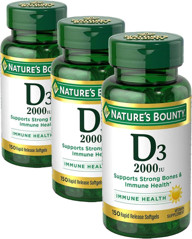 Nature's Bounty Vitamin D, Supports Immune Health & Bone Health, 2000IU Vitamin D3, 150 Softgels (Pack of 3)