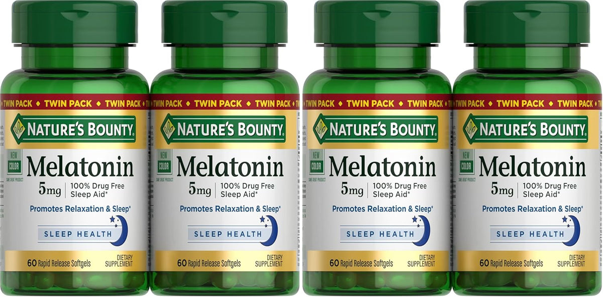 Nature's Bounty Melatonin 5mg, 100% Drug Free Sleep Aid, Dietary Supplement for Relaxation and Sleep Health - 4 Month Supply, 60 Rapid Release Softgels Twin Pack (120ct) (Pack of 2)