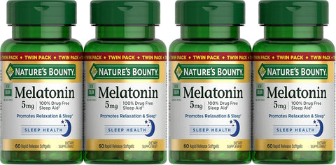 Nature's Bounty Melatonin 5mg, 100% Drug Free Sleep Aid, Dietary Supplement for Relaxation and Sleep Health - 4 Month Supply, 60 Rapid Release Softgels Twin Pack (120ct) (Pack of 2)